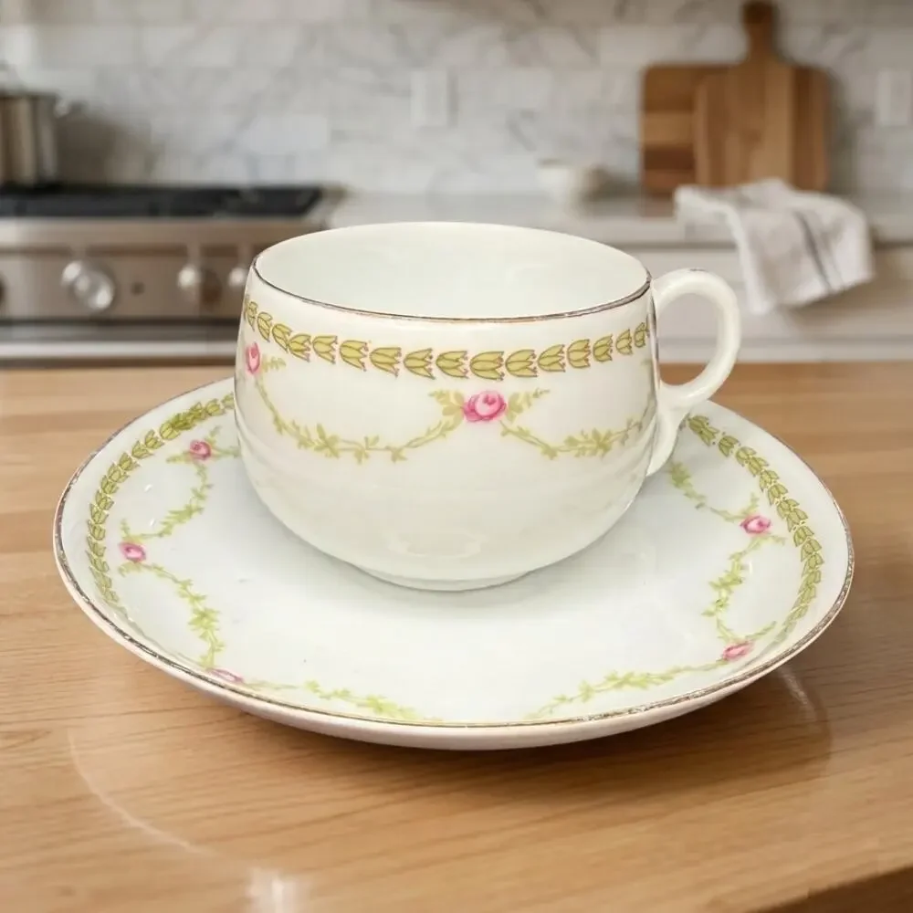 Antique Z.S. & C. Bavaria Teacup Saucer Pink Roses Gold Trim Cottagecore